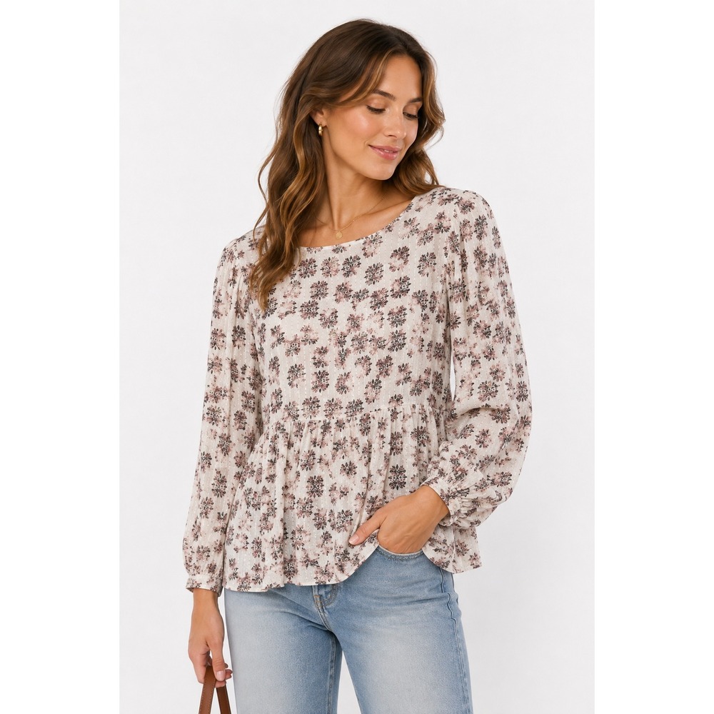 Romantic Floral Button Blouse M Ivory Metallic Stripe Boho Prairie Feminine